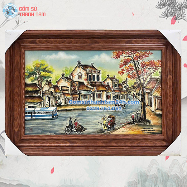 TRANH SỨ BÁT TRÀNG CẢNH HÀ NỘI MÀU ĐEN TRẮNG CỔ