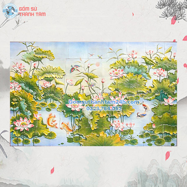 TRANH GỐM ĐẮP NỔI GHÉP MẢNH CẢNH CÁ CHÉP HOA SEN