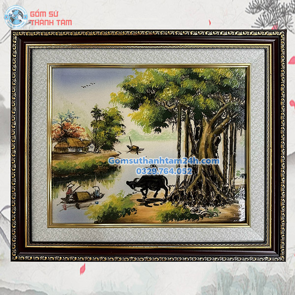 TRANH SỨ BÁT TRÀNG CẢNH ĐỒNG QUÊ KHUNG CỠ NHỎ