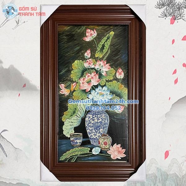 TRANH SỨ BÁT TRÀNG VẼ HOA SEN KHUNG THẲNG GIÁ TỐT