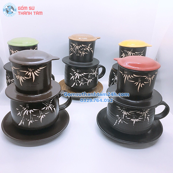 PHIN PHA CAFE GỐM NÂU KHẮC HOẠ TIẾT ĐẸP MẮT