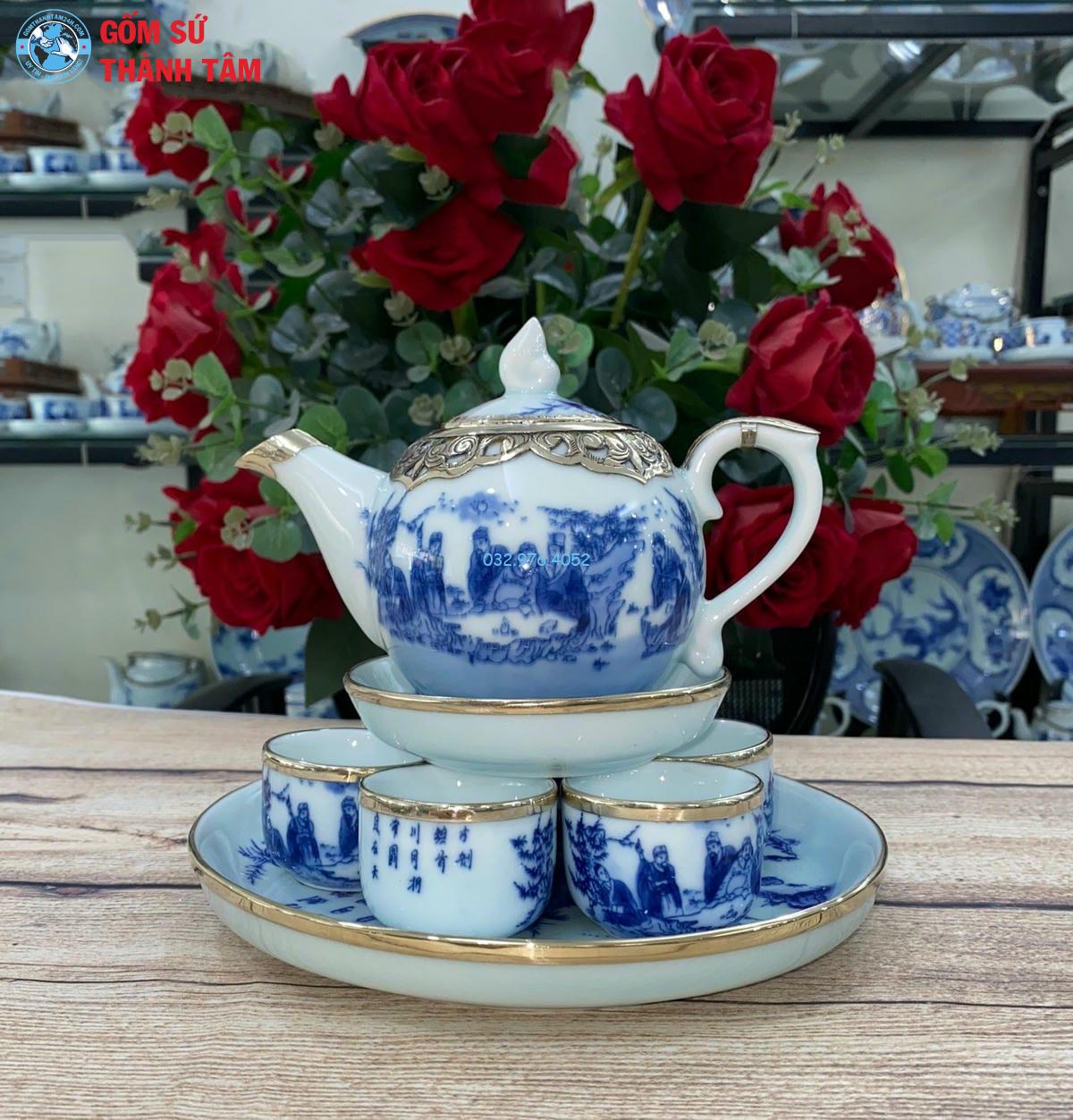 Combo Ấm Chén Men Lam Bọc Đồng | Khay Tròn