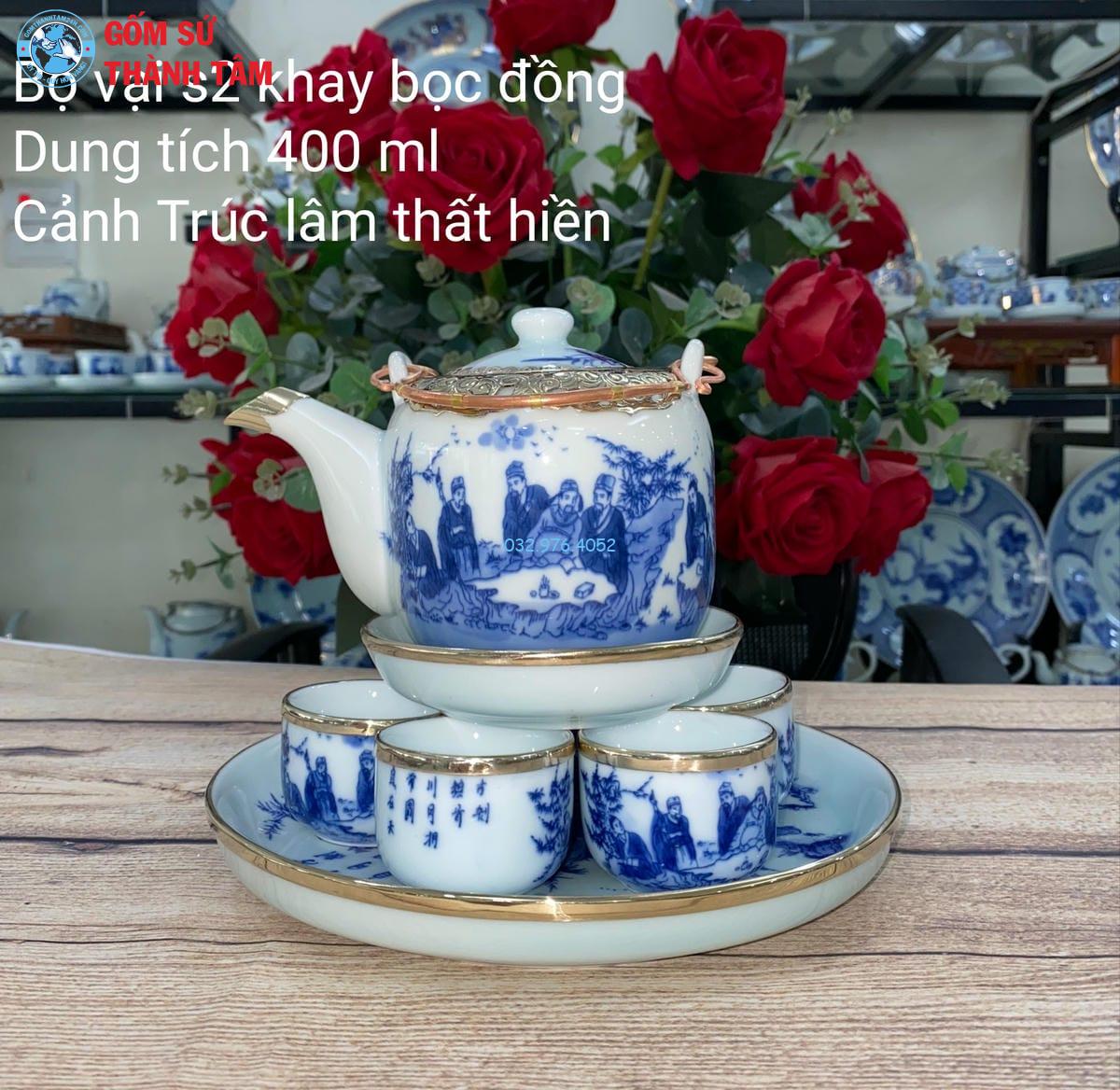 Combo Ấm Chén Men Lam Bọc Đồng | Khay Tròn