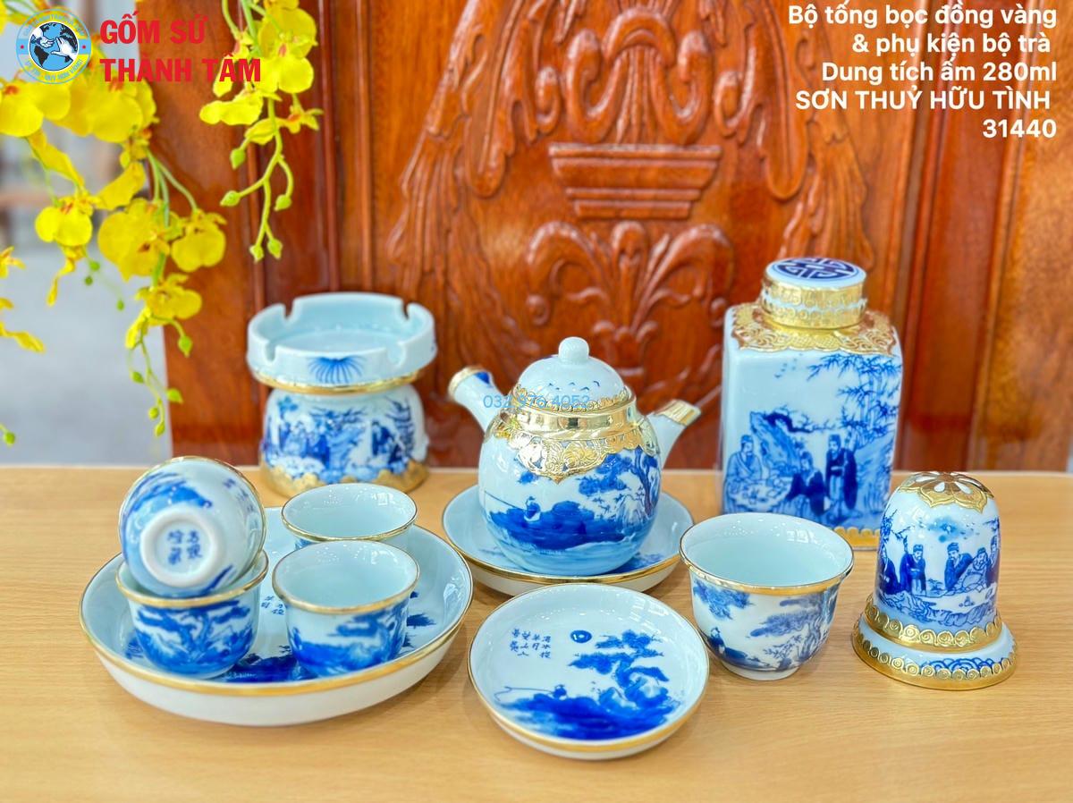 Combo Ấm Chén Men Lam Bọc Đồng | Khay Tròn