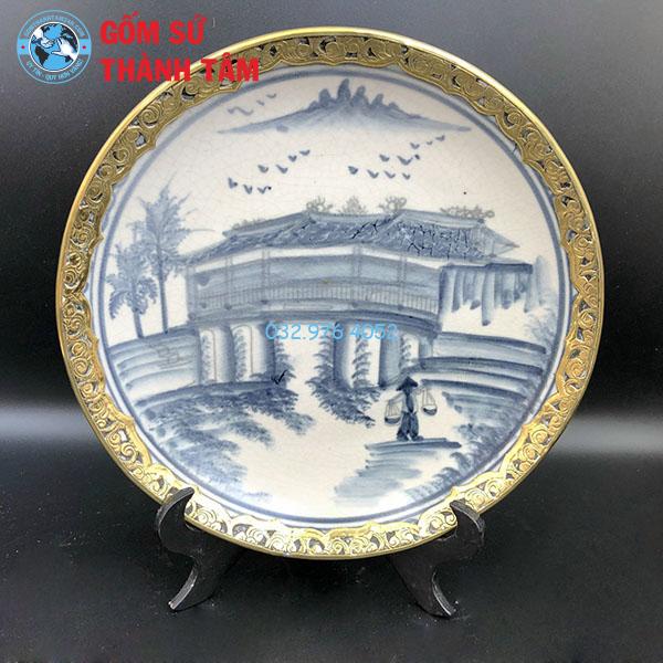 Đĩa sứ lưu niệm men rạn bọc đồng