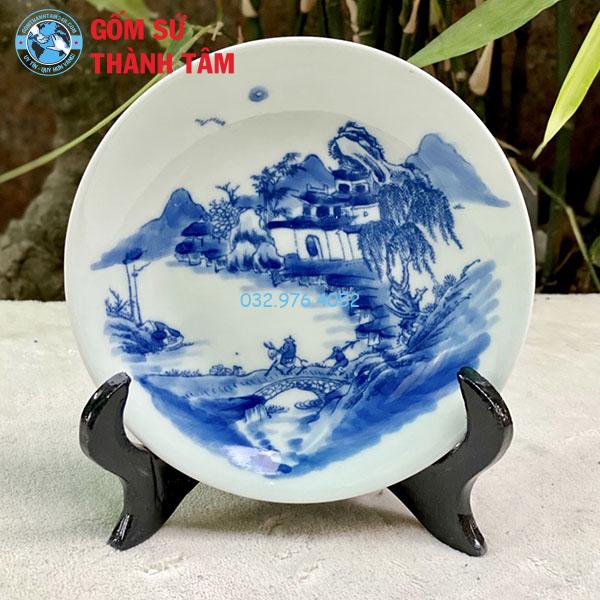 Đĩa sứ lưu niệm trắng họa tiết xanh