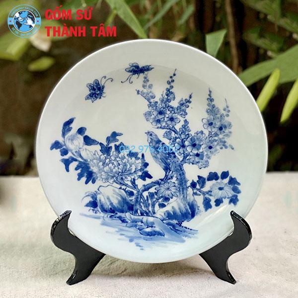 Đĩa sứ lưu niệm trắng họa tiết xanh