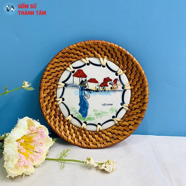 Đĩa sứ viền mây tre đan tròn kê cốc