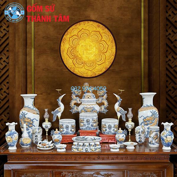 Đồ thờ men rạn tổng thể rồng bát hương có đỉnh hạc