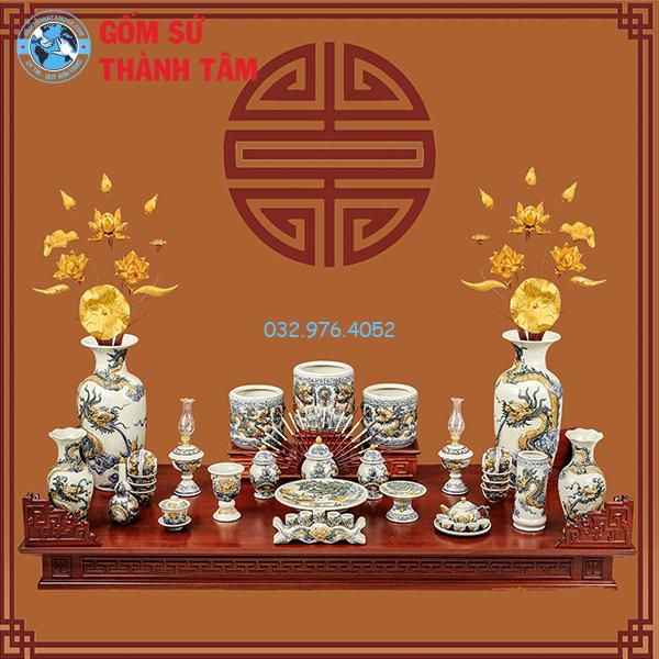 Đồ thờ men rạn tổng thể rồng bát hương không đỉnh hạc