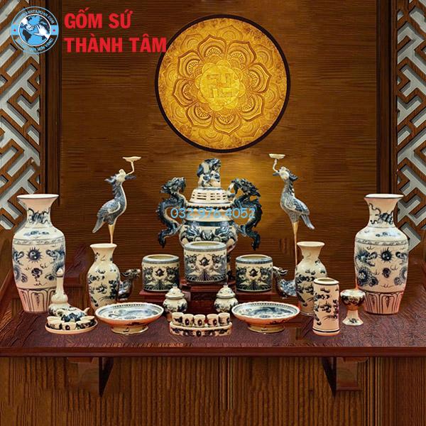 Đồ thờ men rạn tràm cổ tổng thể rồng bát hương có đỉnh hạc
