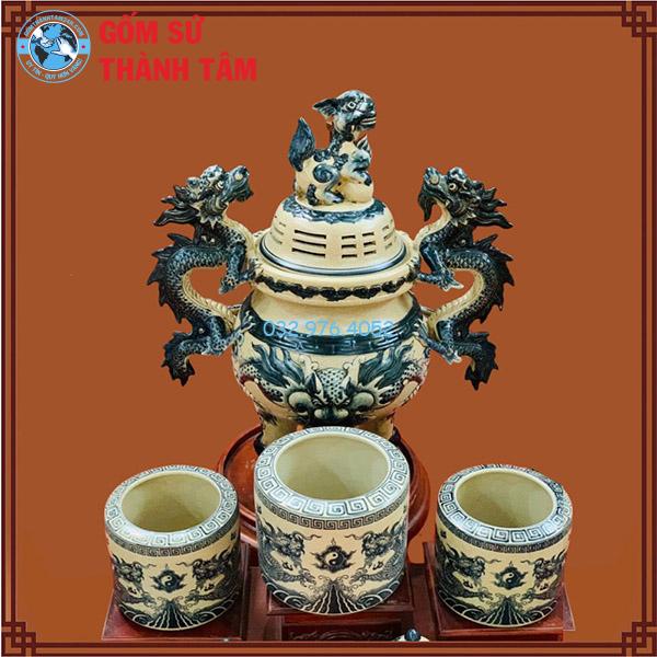 Đồ thờ men rạn tràm cổ tổng thể rồng bát hương có đỉnh hạc