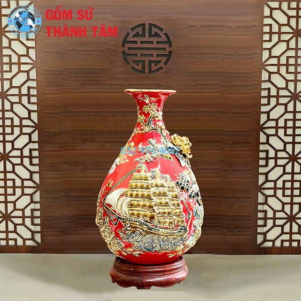 Lục Bình Tỳ Bà Đắp Nổi Men Đỏ Vẽ 24K Cao Cấp