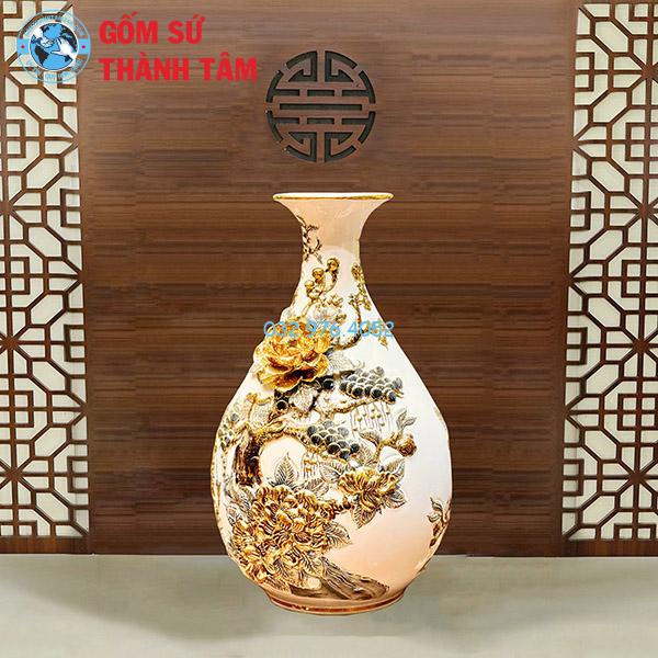 Lục Bình Tỳ Bà Đắp Nổi Men Trắng Vẽ 24K Cao Cấp