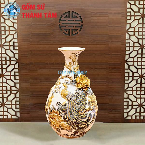 Lục Bình Tỳ Bà Đắp Nổi Men Trắng Vẽ 24K Cao Cấp