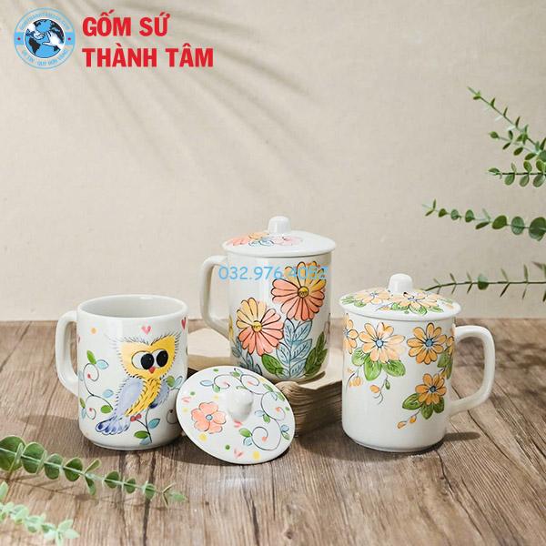 Ly Sứ Có Nắp Đậy Họa Tiết Hoa Lá