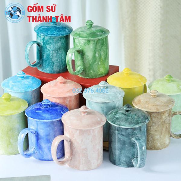 Ly Sứ Có Nắp Đậy Men Đá 350ML