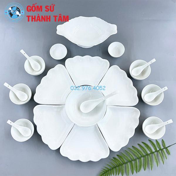 Bộ bát đĩa mặt trời men trắng trơn