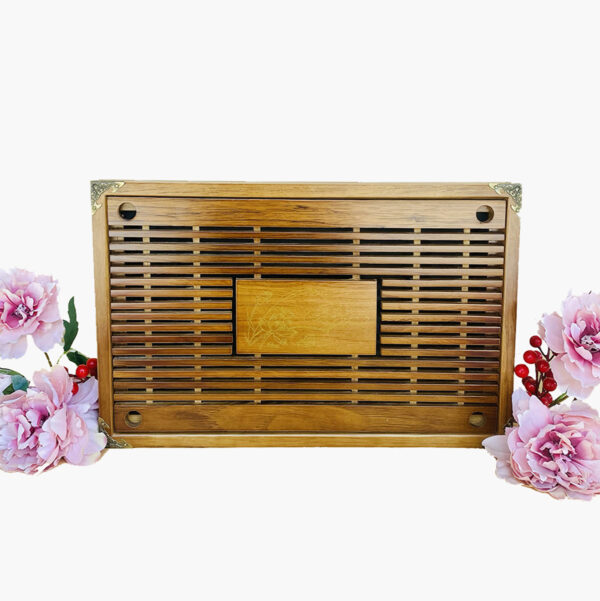 Khay gỗ ấm chén màu vàng bọc đồng cao cấp