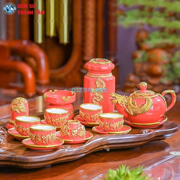 Ấm chén bọc đồng mạ vàng đỏ