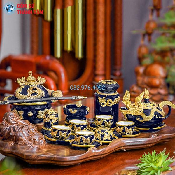 Ấm chén bọc đồng mạ vàng xanh coban bộ phượng