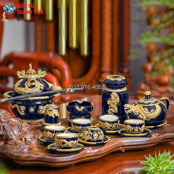 Ấm chén bọc đồng mạ vàng xanh coban rồng