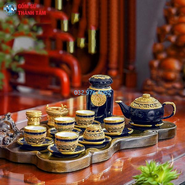 Ấm chén bọc đồng mạ vàng xanh coban trống đồng