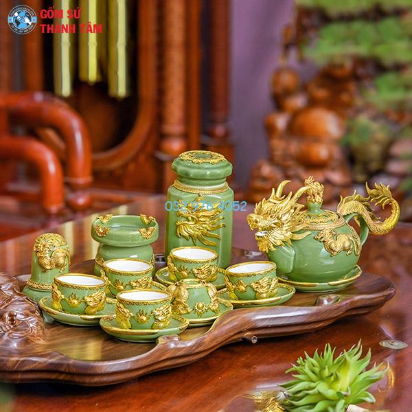Ấm chén bọc đồng mạ vàng xanh ngọc