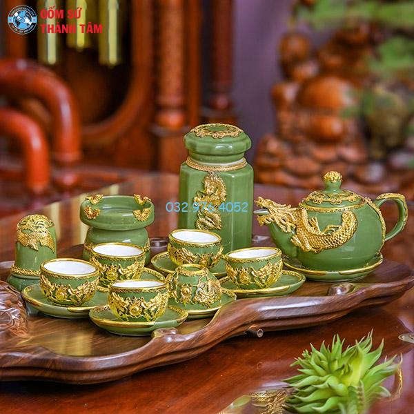 Ấm chén bọc đồng mạ vàng xanh ngọc