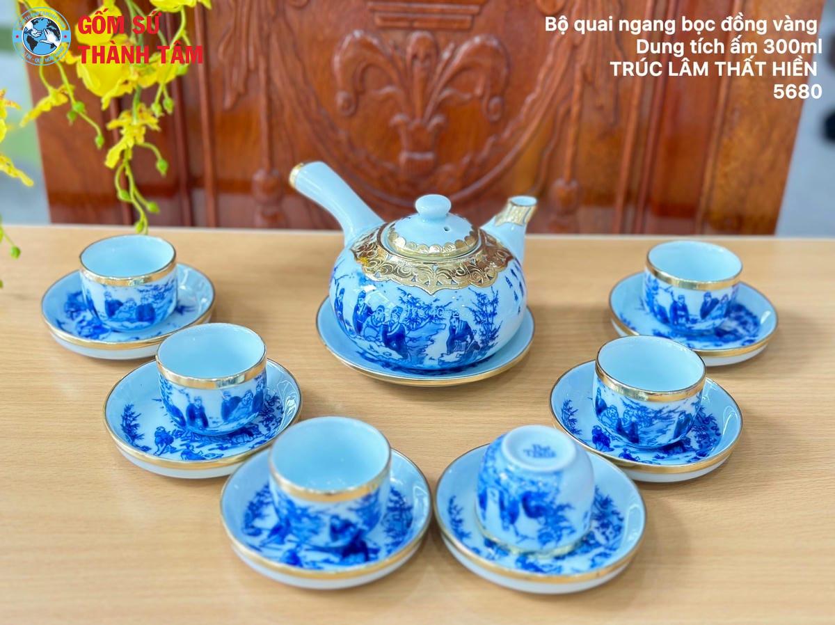 Ấm Chén Men Lam Bọc Đồng | Quai Chuôi Ngang