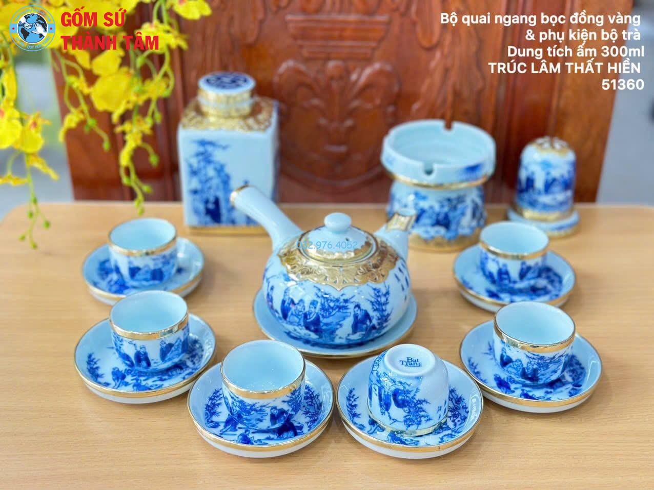 Ấm Chén Men Lam Bọc Đồng | Quai Chuôi Ngang
