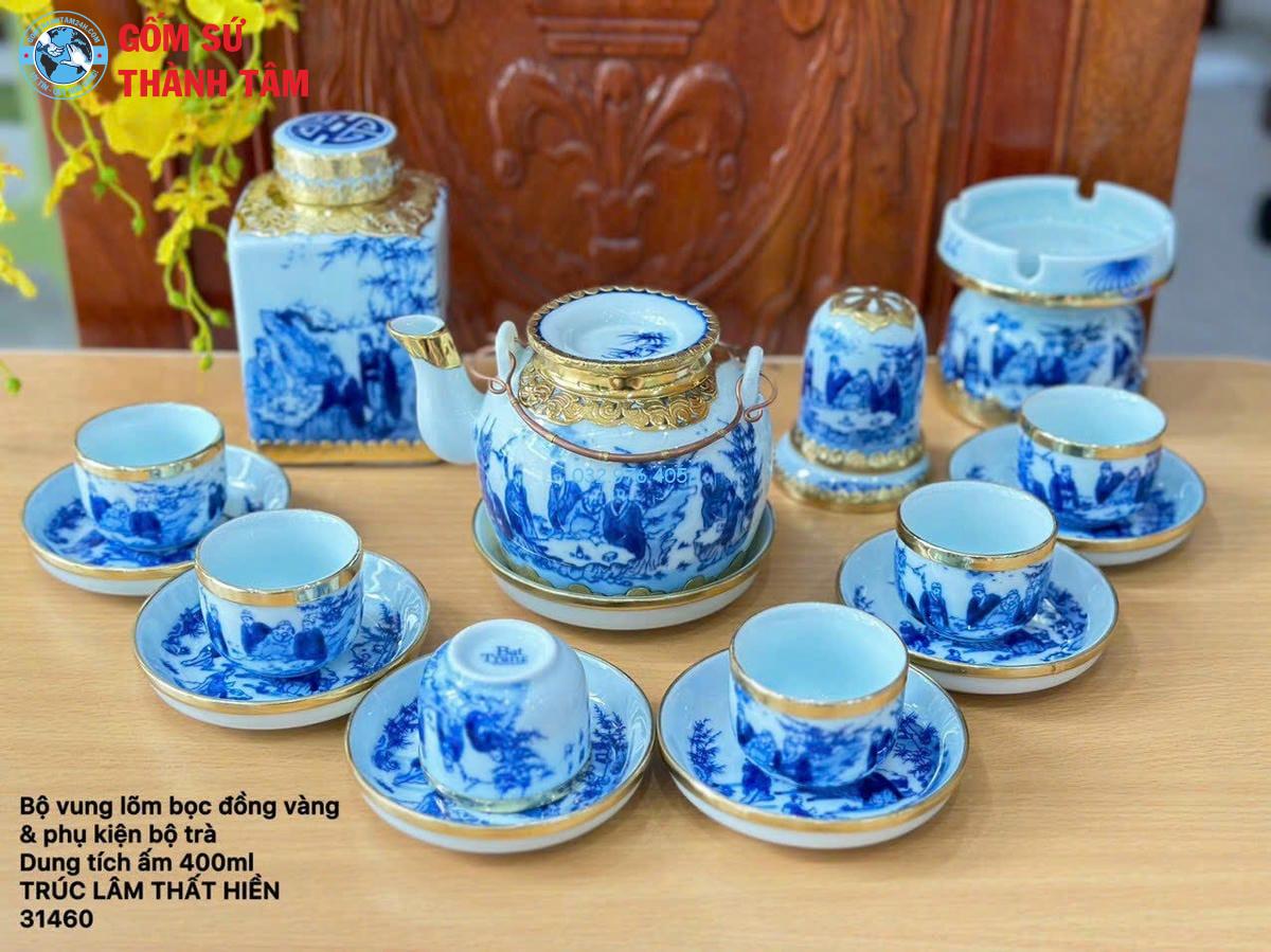 Ấm Chén Men Lam Bọc Đồng | Vung Lõm