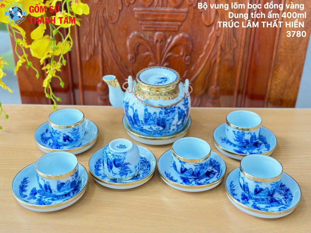 Ấm Chén Men Lam Bọc Đồng | Vung Lõm