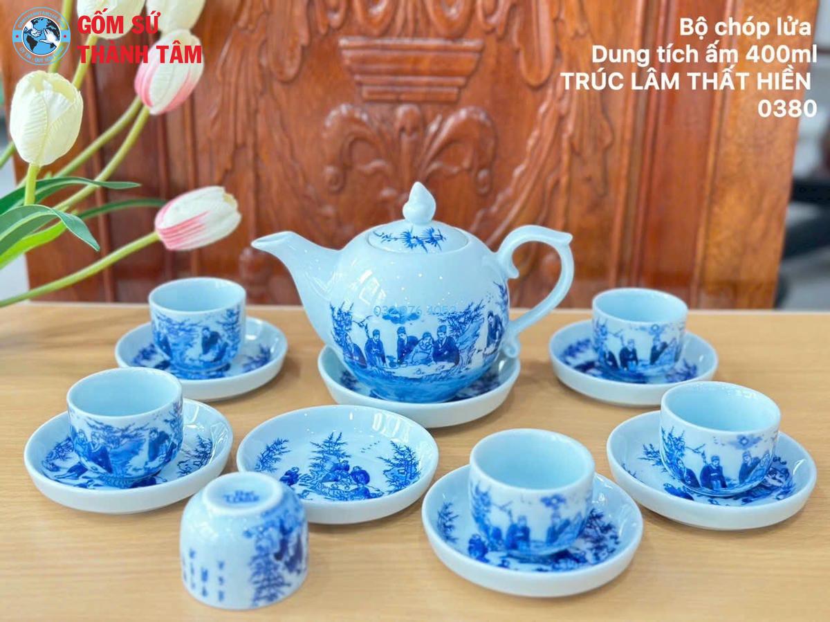 Ấm Chén Men Lam Trơn | Chóp Lửa