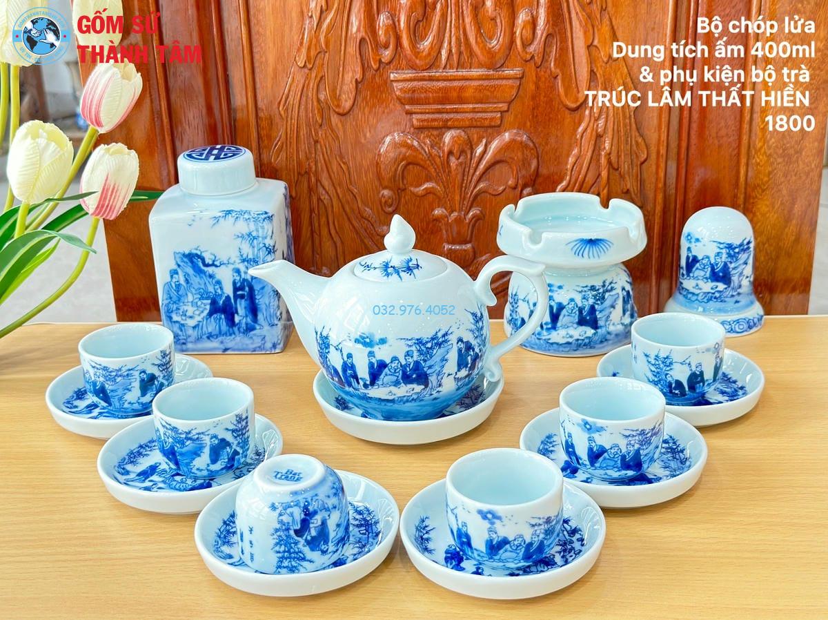 Ấm Chén Men Lam Trơn | Chóp Lửa
