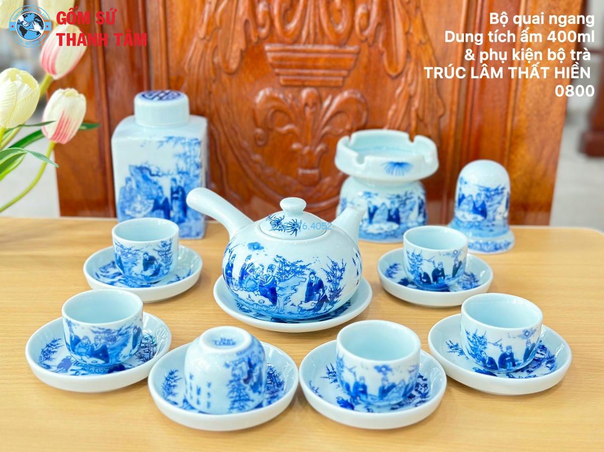 Ấm Chén Men Lam Trơn | Quai Chuôi Ngang