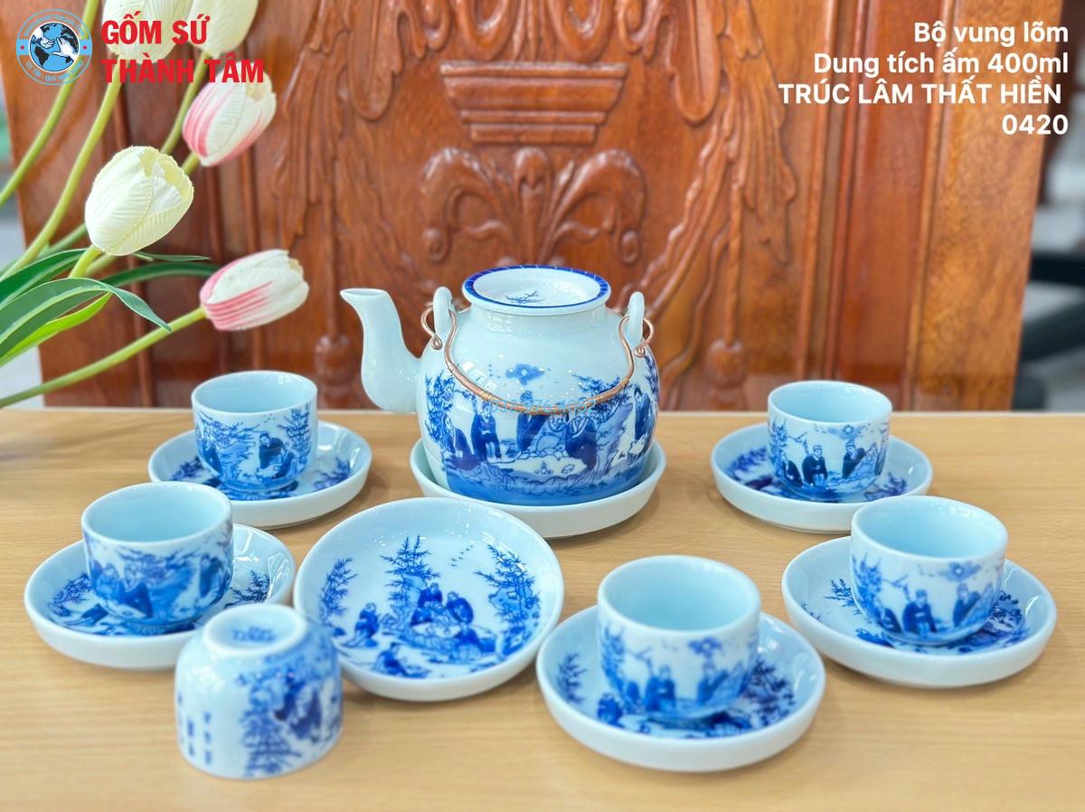 Ấm Chén Men Lam Trơn | Vung Lõm