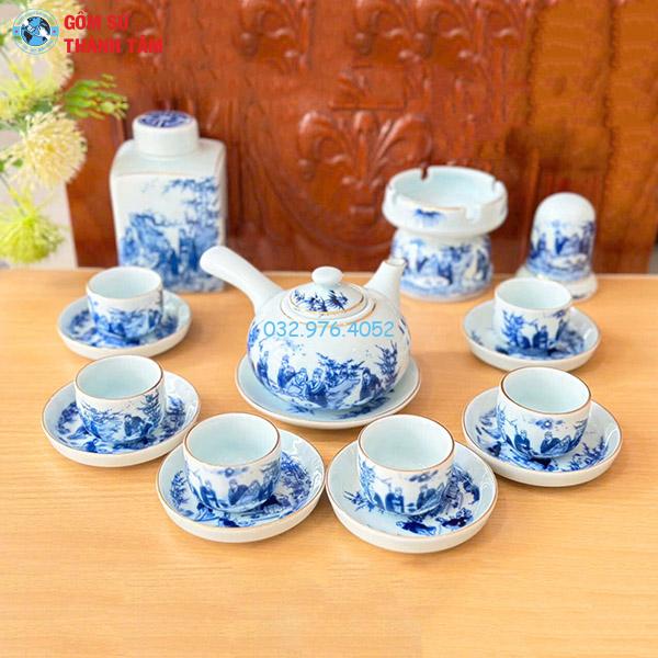 Ấm Chén Men Lam Vàng Kim | Quai Ngang