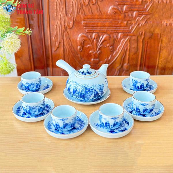 Ấm Chén Men Lam Vàng Kim | Quai Ngang