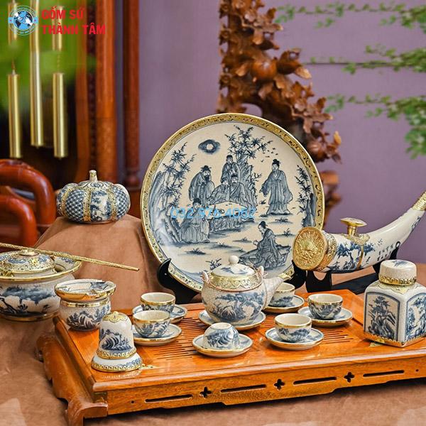 Ấm chén men rạn bọc đồng cam cổ sơn thuỷ