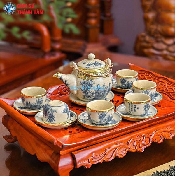 Ấm chén men rạn bọc đồng cam cổ trúc lâm thất hiền