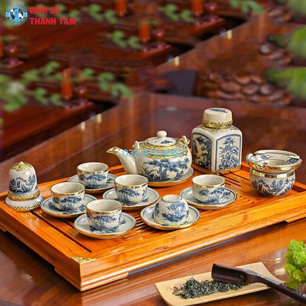 Ấm chén men rạn bọc đồng nhật trúc lâm thất hiền