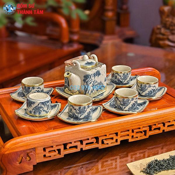 Ấm chén men rạn bọc đồng vuông