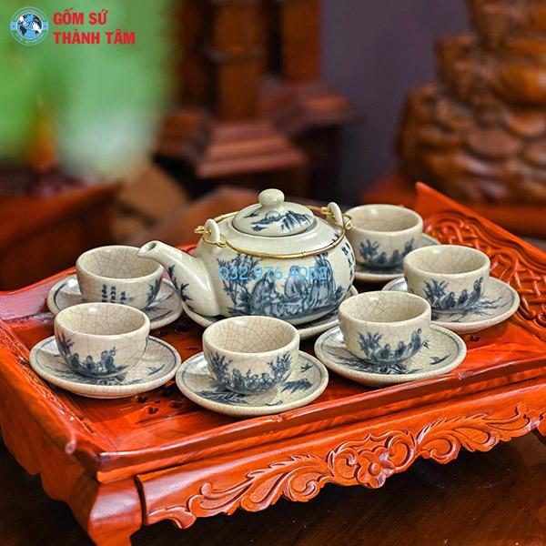 Ấm chén men rạn trơn nhật sơn thuỷ