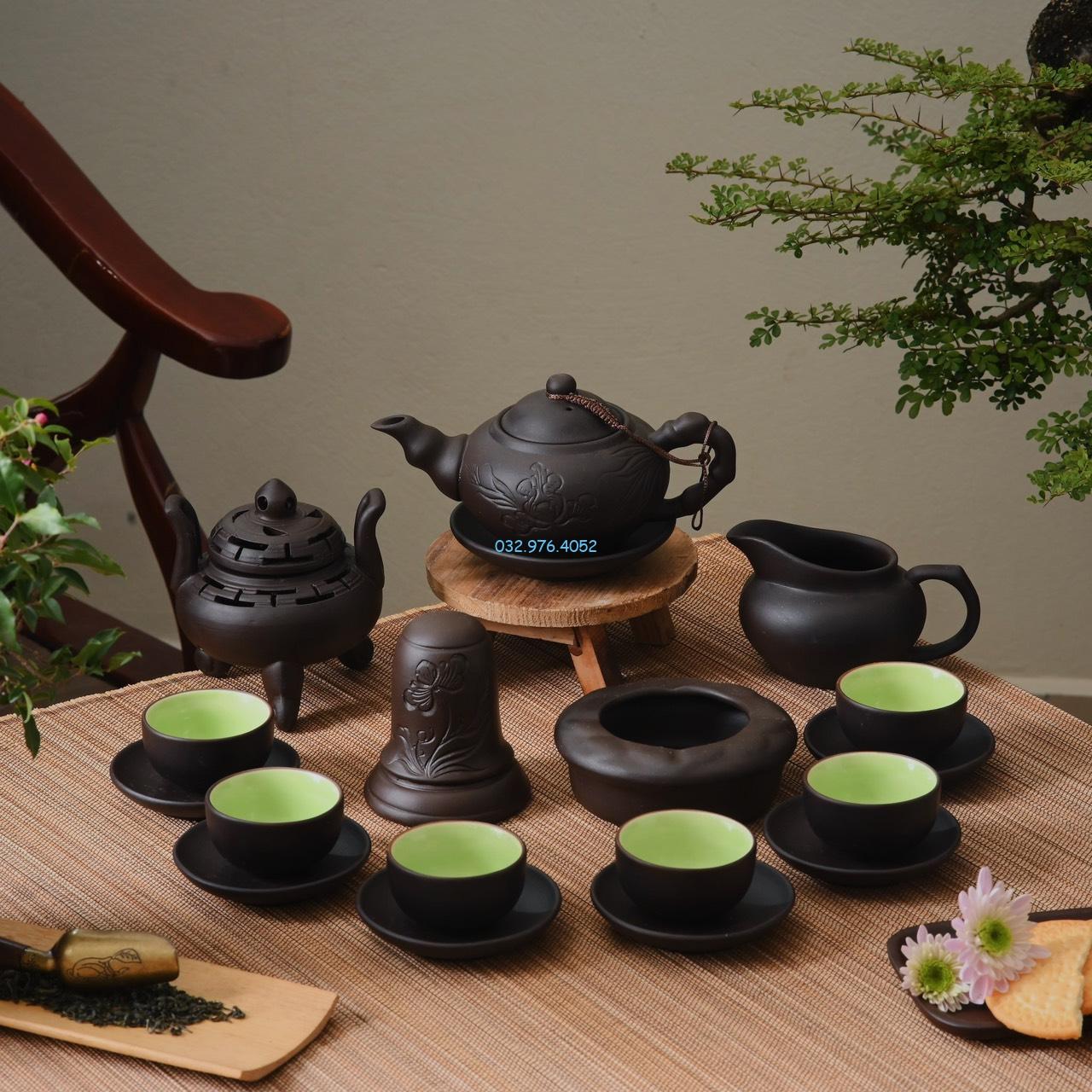 Ấm Chén Tử Sa Men Đen Đĩa Rời