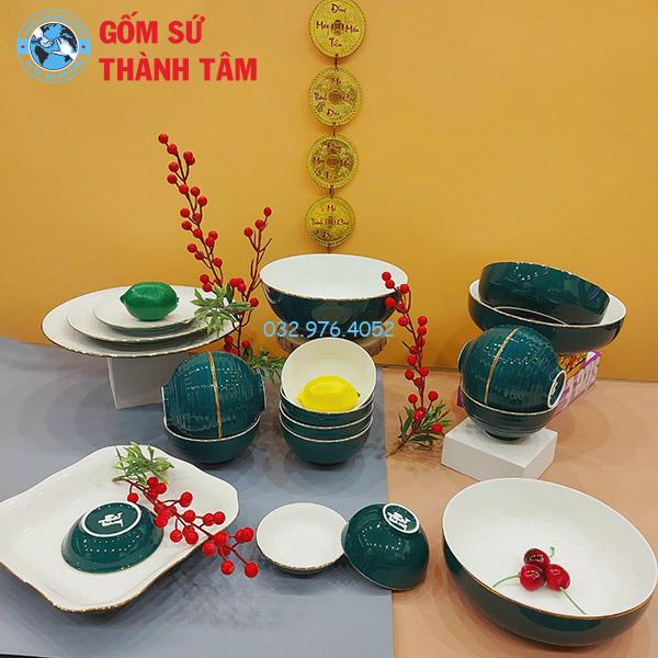 Bát đĩa xanh ngọc men xanh lòng trắng