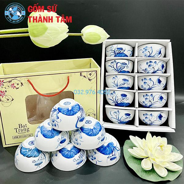 Bát ăn cơm đẹp men trắng vẽ hoa văn sen