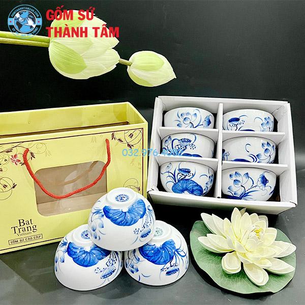 Bát ăn cơm đẹp men trắng vẽ hoa văn sen