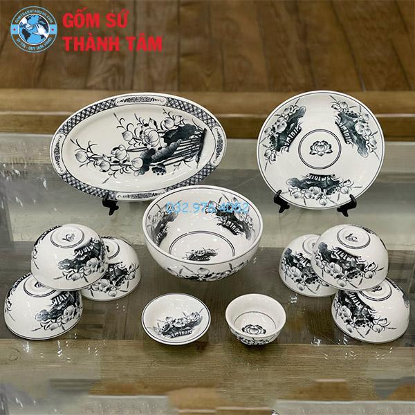 Bát đĩa giả cổ hoa sen decal