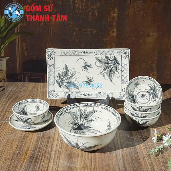 Bát đĩa giả cổ hoa văn rạn mẫu chuồn